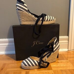 J. Crew Striped Black and Cream Espadrille Wedges